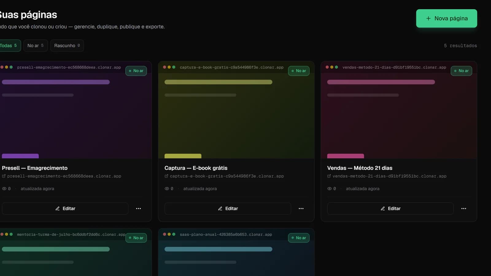 Lista de páginas no clonar.app: cada card mostra o subdomínio da página, o status no ar ou rascunho e o botão de editar.
