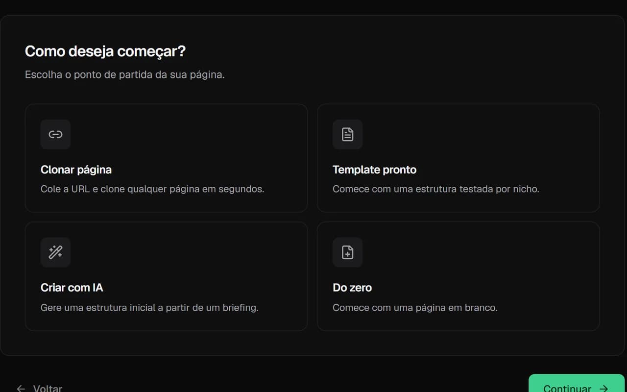 Tela de criar página no clonar.app com as opções clonar página, template pronto, criar com IA e do zero.