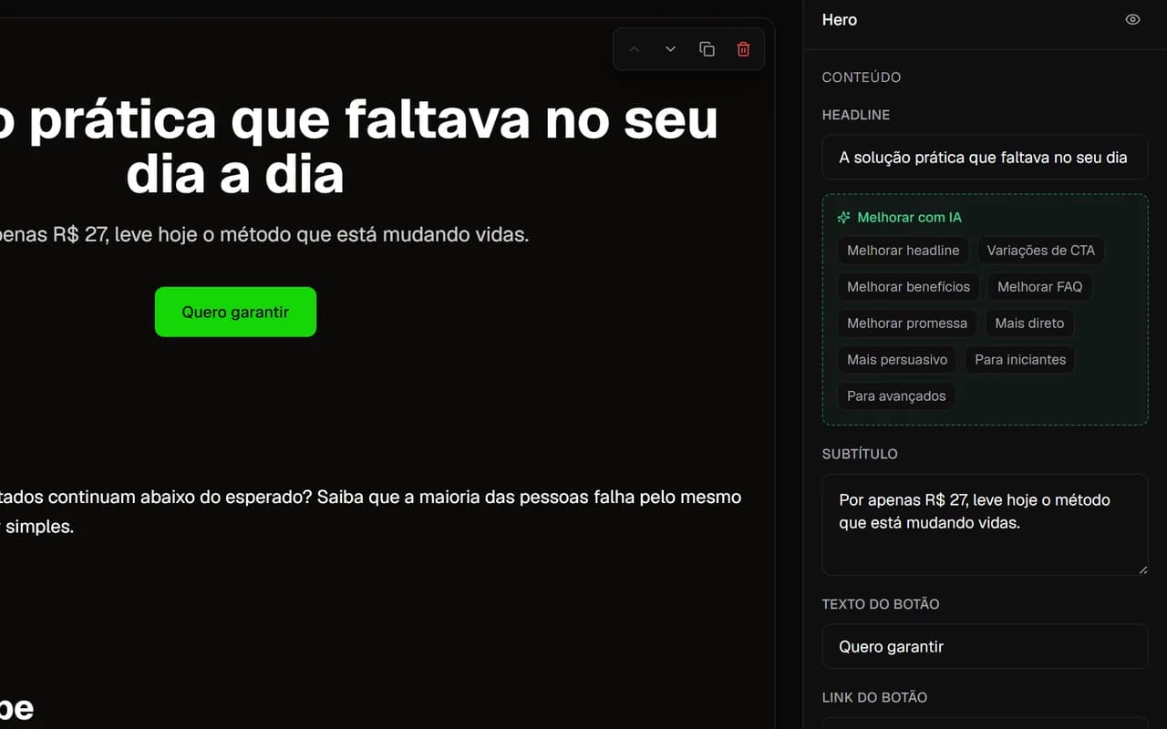 Editor do clonar.app com o bloco de hero selecionado e o painel de propriedades mostrando headline, subtítulo e texto do botão editáveis.