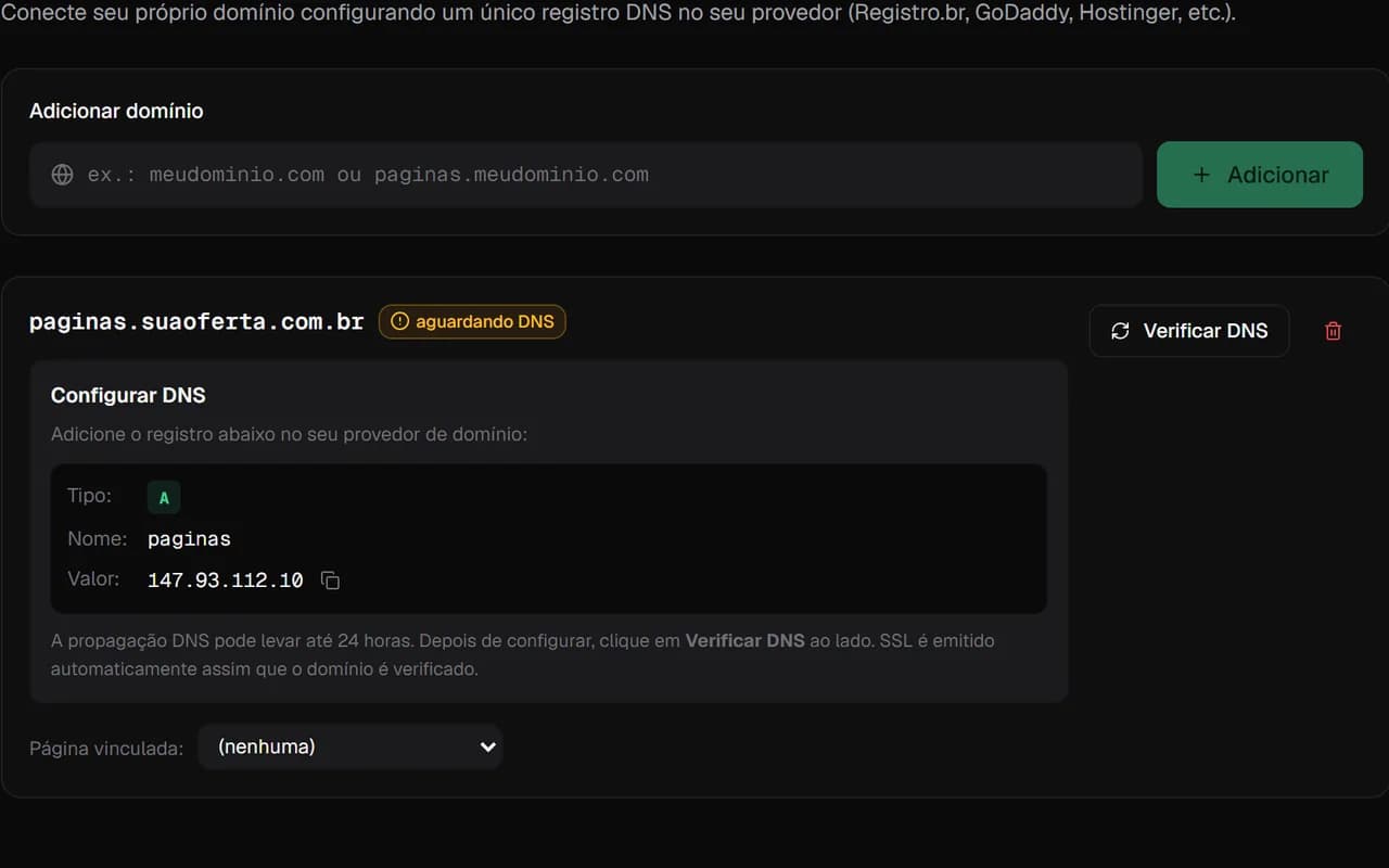 Tela de domínios do clonar.app mostrando o registro DNS do tipo A a ser configurado e o status aguardando DNS.