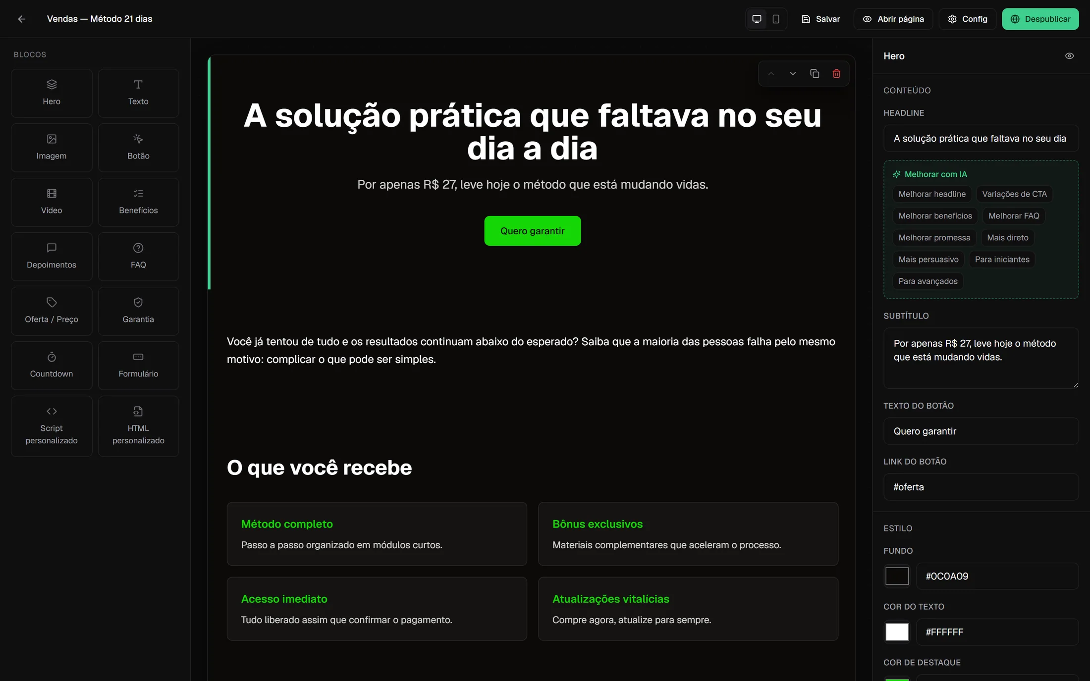 Editor do clonar.app: paleta de blocos à esquerda, página no centro e painel de propriedades à direita com headline, subtítulo, texto do botão e sugestões de melhoria com IA.